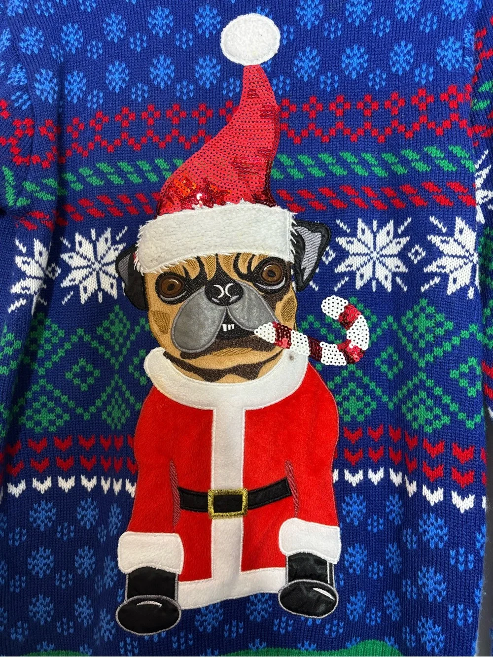 Men's Blue Pug Santa Crewneck Sweater - Holiday Knit Pullover